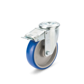 EN 22884 Steel / Stainless Steel Medium Duty Casters, Polyurethane Wheel Tread, Polyamide Wheel Core, Light Version Bearing type: G - Friction bearing<br />Bracket type: RF - Swivel bracket with center hole, with total lock brake<br />Coding: L - Light version<br />Bracket material: ST - Steel sheet metal