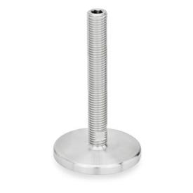 GN 21 Metric Thread, Stainless Steel Leveling Feet, Tapped Socket or Threaded Stud Type, with Turned Base, without Mounting Holes Type (Base): D0 - Fine turned, without rubber pad<br />Version (Stud / Socket): U - Without nut, internal hex at the top, wrench flat at the bottom