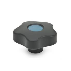 EN 5337.7 Technopolymer Plastic Five-Lobed Knobs, with Stainless Steel Tapped Blind Bore Insert Type: E - With cover cap (tapped blind bore)<br />Color of the cover cap: DBL - Blue, RAL 5024, matte finish