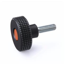 EN 534 Technopolymer Plastic Diamond Cut Knurled Knobs, with Steel Threaded Stud, with Colored Cap Cover cap color: DOR - Orange, RAL 2004, matte finish
