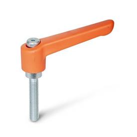 WN 300.2 Plastic Adjustable Levers, Threaded Stud Type, with Zinc Plated Steel Components Color: OS - Orange, RAL 2004, textured finish