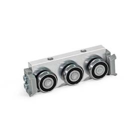 GN 2424 Aluminum / Steel Cam Roller Carriages, for Cam Roller Linear Guide Rails GN 2422 Type: R - Radial cam roller carriage, lateral arrangement<br />Version: X - With wiper for fixed bearing rail (X-rail)