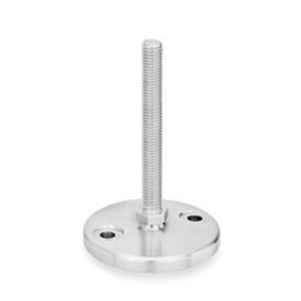 GN 23 Inch Thread, Stainless Steel Leveling Feet, Tapped Socket or Threaded Stud Type, with Turned Base, with Mounting Holes Type (Base): D0 - Fine turned, without rubber pad<br />Version (Stud / Socket): S - Without nut, external hex at the bottom