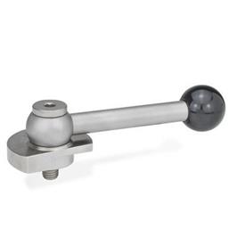 GN 918.7 Stainless Steel Clamping Cam Units, Downward Clamping, with Threaded Bolt Type: GV - With ball lever, straight (serrations)<br />Clamping direction: R - By clockwise rotation (drawn version)