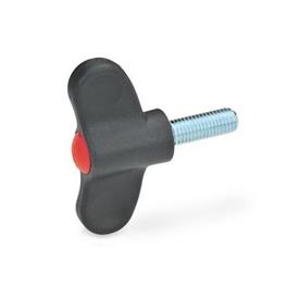 EN 633 Technopolymer Plastic Wing Screws, with Steel Threaded Stud, Ergostyle® Color of the cover cap: DRT - Red, RAL 3000, matte finish