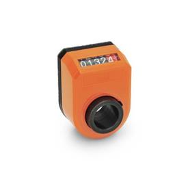 EN 953 Technopolymer Plastic Digital Position Indicators, 5 Digit Display, Steel Shaft Receptacle Installation (Front view): AN - On the chamfer, above<br />Color: OR - Orange, RAL 2004