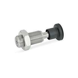 GN 313 Stainless Steel Spring Bolts, Plunger Pin Retracted in Normal Position Material: NI - Stainless steel<br />Type: AK - With knob, with lock nut<br />Identification no.: 2 - Pin with internal thread