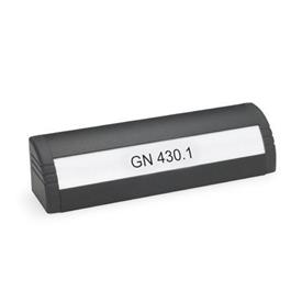 GN 430.1 Aluminum Ledge Handles, Plastic End Caps, with Lettering Block Finish: SW - Black, RAL 9005, textured finish