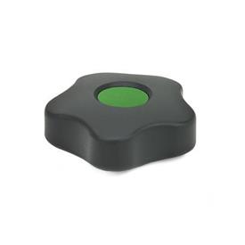 EN 5331 Technopolymer Plastic Five-Lobed Knobs, with Brass Square or Tapped Insert, Low Type, with Colored Cover Caps Type: B - With cover cap<br />Color of the cover cap: DGN - Green, RAL 6017, matte finish