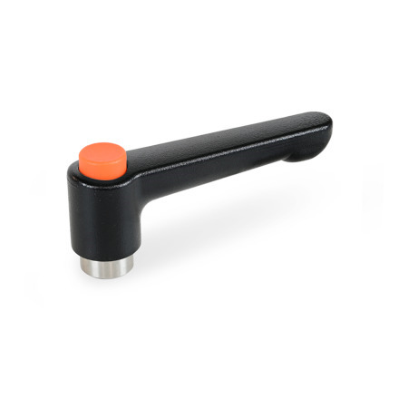 GN 304.1 Zinc Die-Cast Straight Adjustable Levers, with Push Button, Tapped or Plain Bore Type, with Stainless Steel Components Lever color: SW - Black, RAL 9005, textured finish
Push button color: O - Orange, RAL 2004