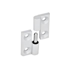 GN 337 Zinc Die-Cast Lift-Off Hinges, with Countersunk Bores Material: ZD - Zinc die-cast<br />Finish: SR - Silver, RAL 9006, textured finish<br />Identification no.: 2 - Fixed bearing (pin) left