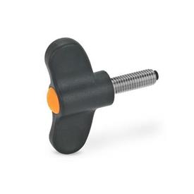EN 633.10 Technopolymer Plastic Wing Screws, with Stainless Steel Threaded Stud, with Plastic Tip, Ergostyle® Color of the cover cap: DOR - Orange, RAL 2004, matte finish