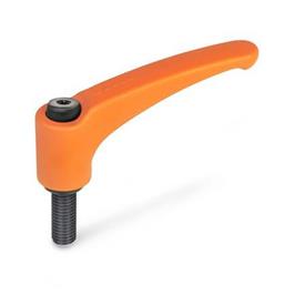 EN 602 Zinc Die-Cast Adjustable Levers, Ergostyle®, Threaded Stud Type, with Steel Components Color: OS - Orange, RAL 2004, textured finish