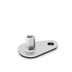 GN 43 Metric Thread, Stainless Steel AISI 304 Leveling Feet, Tapped Socket or Threaded Stud Type, with Mounting Hole, Teardrop Shape Type (Base): D3 - With rubber pad, vulcanized, black<br />Version (Stud / Socket): X - External hex, tapped socket type