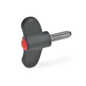EN 633.10 Technopolymer Plastic Wing Screws, with Stainless Steel Threaded Stud, with Plastic Tip, Ergostyle® Color of the cover cap: DRT - Red, RAL 3000, matte finish