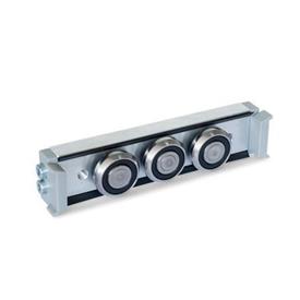 GN 2424 Aluminum / Steel Cam Roller Carriages, for Cam Roller Linear Guide Rails GN 2422 Type: N - Normal cam roller carriage, central arrangement<br />Version: U - With wiper for floating bearing rail (U-rail)