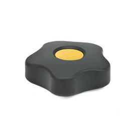 EN 5331 Technopolymer Plastic Five-Lobed Knobs, with Brass Square or Tapped Insert, Low Type, with Colored Cover Caps Type: B - With cover cap<br />Color of the cover cap: DGB - Yellow, RAL 1021, matte finish