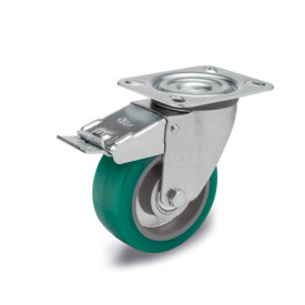 EN 22886 Steel Medium Duty Casters, Polyurethane Wheel Tread, Aluminum Wheel Core, Light Version Bearing type: K - Annular ball bearing<br />Bracket type: LF - Swivel bracket with mounting plate, with total lock brake<br />Coding: L - Light version<br />Bracket material: ST - Steel sheet metal