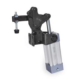 GN 962 Palancas de sujeción neumáticas de servicio pesado de acero, con base de montaje vertical, con pistón magnético Tipo: CPV - Brazo de sujeción con agujero ranurado, con dos arandelas bridadas y conjunto de husillos GN 708.1