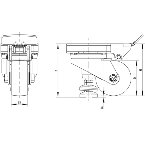  HRLK-ALTH Rodaja de nivelación con banda Extrathane® de servicio pesado de acero, con cabezal giratorio, con placa de montaje boceto