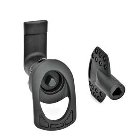 EN 115.5 Mécanismes de verrouillage de porte en plastique, manipulation par clé à douille, pour montage par encliquetage Type: DK - Avec broche triangulaire<br />Finition: SW - Noir, RAL 9005, finition texturée<br />N° d'identification: 3 - Logement de verrou avec arrêt, rond avec poignée