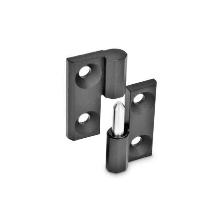 GN 337 Zinc Die-Cast Lift-Off Hinges, with Countersunk Bores Material: ZD - Zinc die-cast
Finish: SW - Black, RAL 9005, textured finish
Identification no.: 1 - Fixed bearing (pin) right