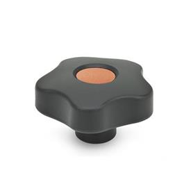 EN 5337.7 Technopolymer Plastic Five-Lobed Knobs, with Stainless Steel Tapped Blind Bore Insert Type: E - With cover cap (tapped blind bore)<br />Color of the cover cap: DOR - Orange, RAL 2004, matte finish