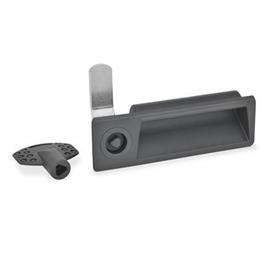 EN 731.5 Technopolymer Plastic, Cam Latches with Gripping Tray, with Stainless Steel Latch Arm Type: DK - With triangular spindle (DK6.5)<br />Identification no.: 1 - Operation in the illustrated position top left