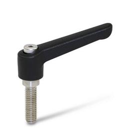 WN 300.1 Nylon Plastic Adjustable Levers, Threaded Stud Type, with Stainless Steel Components Color: SW - Black, RAL 9005, textured finish