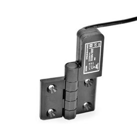 EN 239.4 Technopolymer Plastic Hinges with Integrated Switch, with Connector Cable Identification: SR - Bores for contersunk screw, switch right<br />Type: CK - Cable at the backside
