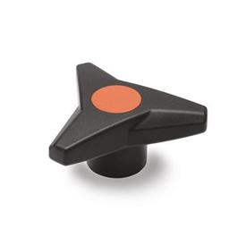 EN 533.6 Technopolymer Plastic Three-Lobed Knobs, with Brass / Stainless Steel Tapped Insert, Softline Color of the cover cap: DOR - Orange, RAL 2004, matte finish