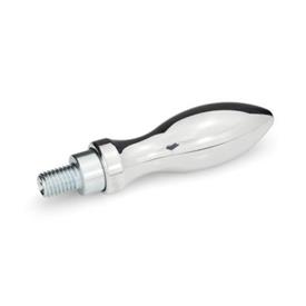 DIN 98 Empuñaduras giratorias de acero, aluminio o plástico, con husillo liso o roscado Material: AL - Aluminio<br />Tipo: E - Con espárrago roscado