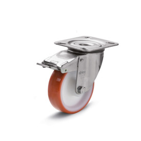 EN 22882 Steel / Stainless Steel Medium Duty Casters, Polyurethane Wheel Tread, Polyamide Wheel Core, Light Version Bearing type: G - Friction bearing<br />Bracket type: LF - Swivel bracket with mounting plate, with total lock brake<br />Coding: L - Light version<br />Bracket material: NI - Stainless steel sheet metal