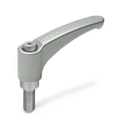 EN 602.1 Zinc Die-Cast Adjustable Levers, Ergostyle®, Threaded Stud Type, with Stainless Steel Components Color: SR - Silver, RAL 9006, textured finish
