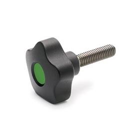 EN 5337.7 Technopolymer Plastic Five-Lobed Knobs, with Stainless Steel Threaded Stud Color of the cover cap: DGN - Green, RAL 6017, matte finish
