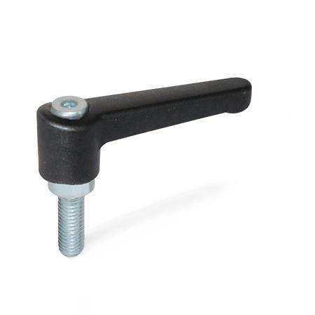 WN 302.2 Manijas ajustables rectas de nylon plastificado, tipo espárrago roscado, con componentes de acero zincado Color de la palanca: SW - Negro, RAL 9005, acabado texturizado