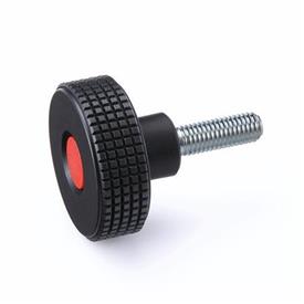 EN 534 Technopolymer Plastic Diamond Cut Knurled Knobs, with Steel Threaded Stud, with Colored Cap Cover cap color: DRT - Red, RAL 3000, matte finish