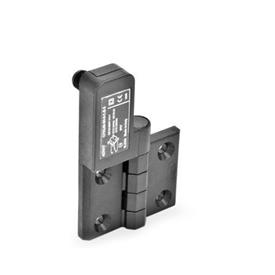 EN 239.4 Technopolymer Plastic Hinges with Integrated Switch, with Connector Plug Identification: SL - Bores for contersunk screw, switch left<br />Type: CS - Connector plug at the backside