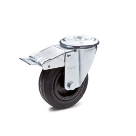 EN 22873 Steel Medium Duty Casters, Rubber Wheel Tread, Polypropylene Wheel Core, Light Version Bearing type: G - Friction bearing<br />Bracket type: RF - Swivel bracket with center hole, with total lock brake<br />Coding: L - Light version<br />Bracket material: ST - Steel sheet metal