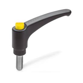 EN 603.1 Technopolymer Plastic Adjustable Levers, Ergostyle®, with Push Button, Threaded Stud Type, with Stainless Steel Components Color: DGB - Yellow, RAL 1021, shiny finish