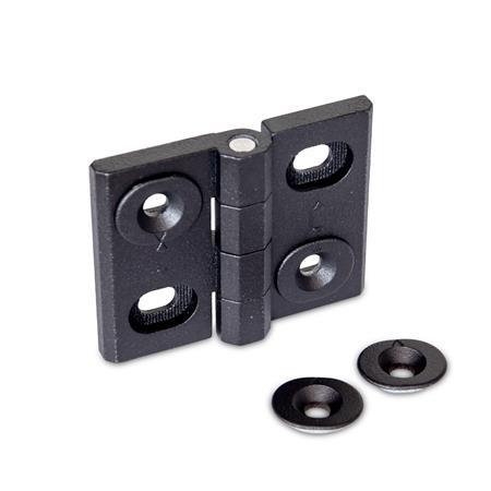 GN 127 Zinc Die-Cast Hinges, Adjustable, with Alignment Bushings Type: B - Horizontal slots
Color: SW - Black, RAL 9005, textured finish