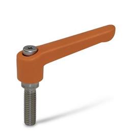 WN 300.1 Nylon Plastic Adjustable Levers, Threaded Stud Type, with Stainless Steel Components Color: OS - Orange, RAL 2004, textured finish