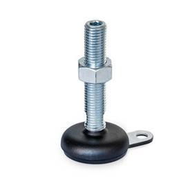 GN 32 Steel Sheet Metal Leveling Feet, Tapped Socket or Threaded Stud Type, with Rubber Pad and Mounting Flange Type (Base): A5 - Steel, black powder coated,  rubber pad inlay, black<br />Version (Stud / Socket): UK - With nut, internal hex at the top, wrench flat at the bottom