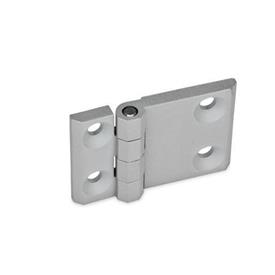 GN 237 Zinc Die-Cast Hinges with Extended Hinge Wing Material: ZD - Zinc die-cast<br />Type: A - 2x2 bores for countersunk screws<br />Finish: SR - Silver, RAL 9006, textured finish<br />Scharnierflügel: l3 ≠ l4