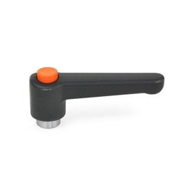 WN 304 Manijas ajustables rectas de nylon plastificado con botón pulsador, tipo orificio roscado o liso, con componentes de acero Color de la palanca: SW - Negro, RAL 9005, acabado texturizado<br />Color del botón pulsador: O - Naranja, RAL 2004