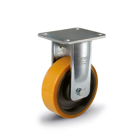 EN 22887 Steel Heavy Duty Casters, Polyurethane Wheel Tread, Cast Iron Wheel Core, Heavy Version Bearing type: K - Annular ball bearing
Bracket type: B - Rigid bracket
Coding: H - Heavy version
Bracket material: ST - Welded steel design