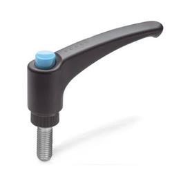 EN 603.1 Technopolymer Plastic Adjustable Levers, with Push Button, Threaded Stud Type, with Stainless Steel Components, Ergostyle® Color: DBL - Blue, RAL 5024, shiny finish