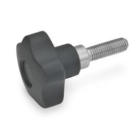 GN 5337.3 Technopolymer Plastic Safety Five-Lobed Knobs, with Threaded Stud, Push to Engage Material: NI - Stainless steel