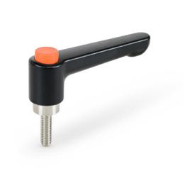 GN 304.1 Zinc Die-Cast Straight Adjustable Levers, with Push Button, Threaded Stud Type, with Stainless Steel Components Lever color: SW - Black, RAL 9005, textured finish<br />Push button color: O - Orange, RAL 2004