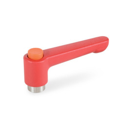 GN 304.1 Zinc Die-Cast Straight Adjustable Levers, with Push Button, Tapped or Plain Bore Type, with Stainless Steel Components Lever color: RS - Red, RAL 3000, textured finish<br />Push button color: O - Orange, RAL 2004